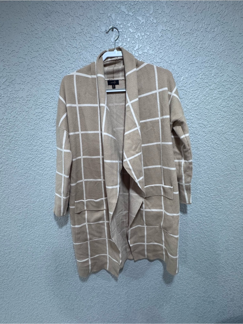 Women's Beige Windowpane Open-Front Cardigan